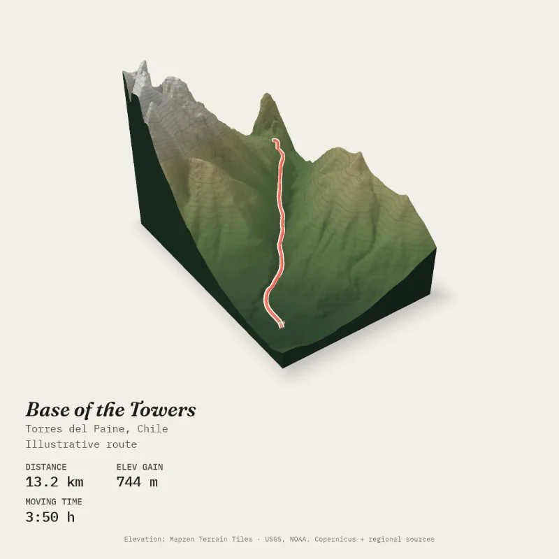 Square poster of the Base of the Towers route, an out-and-back walk up a valley in Torres del Paine, Patagonia.